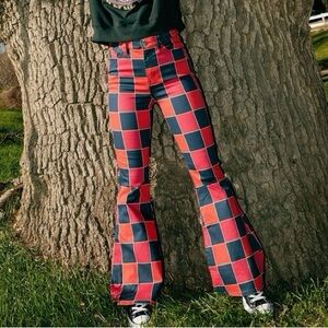 Urban Outfitters Plaid Checker Flare Bell Bottom Jeans Women’s Size 25 Red/Blue